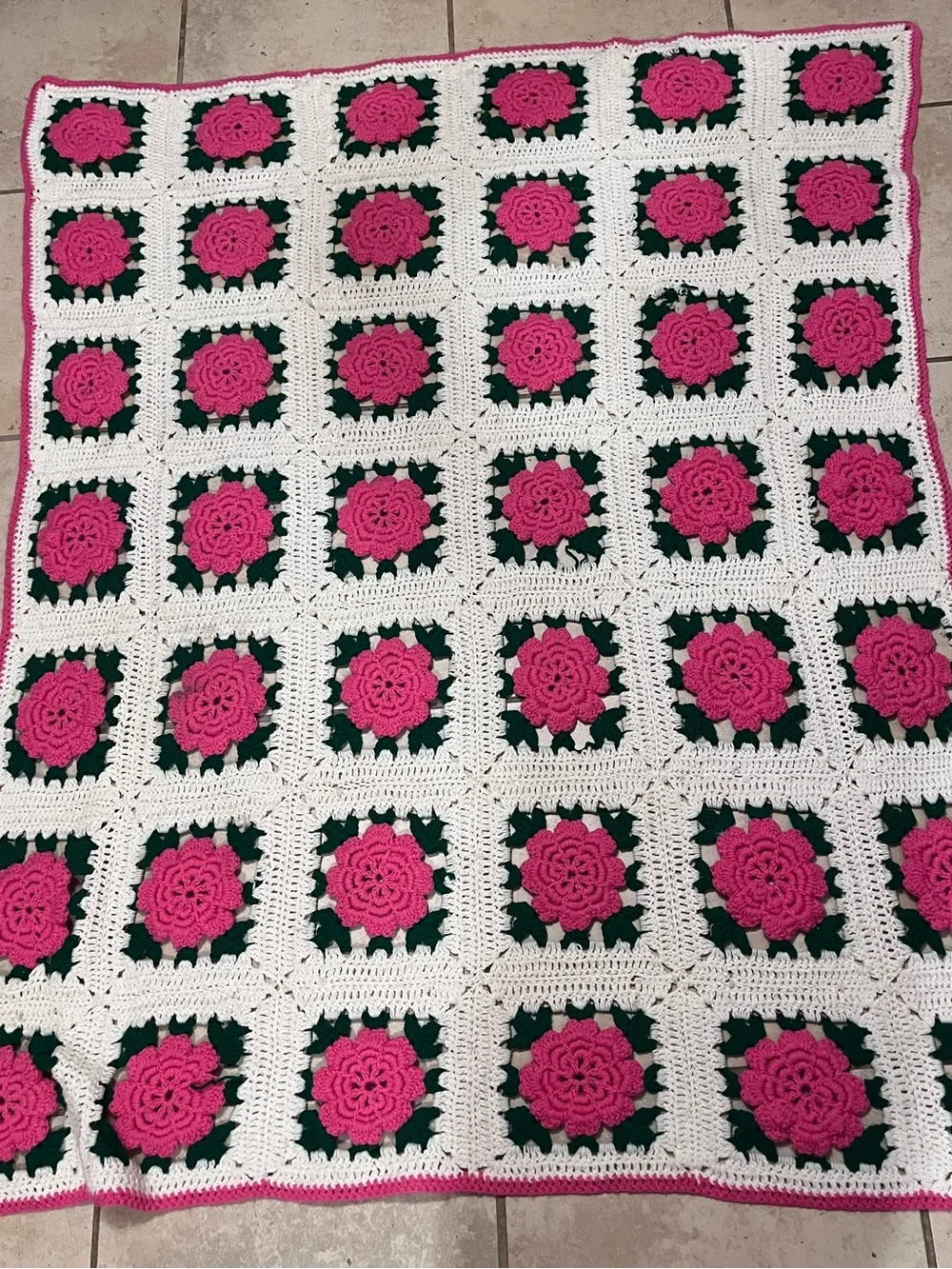Handmade Crochet Rose Granny Square Throw Blanket Pink Floral Cottagecore 55x65